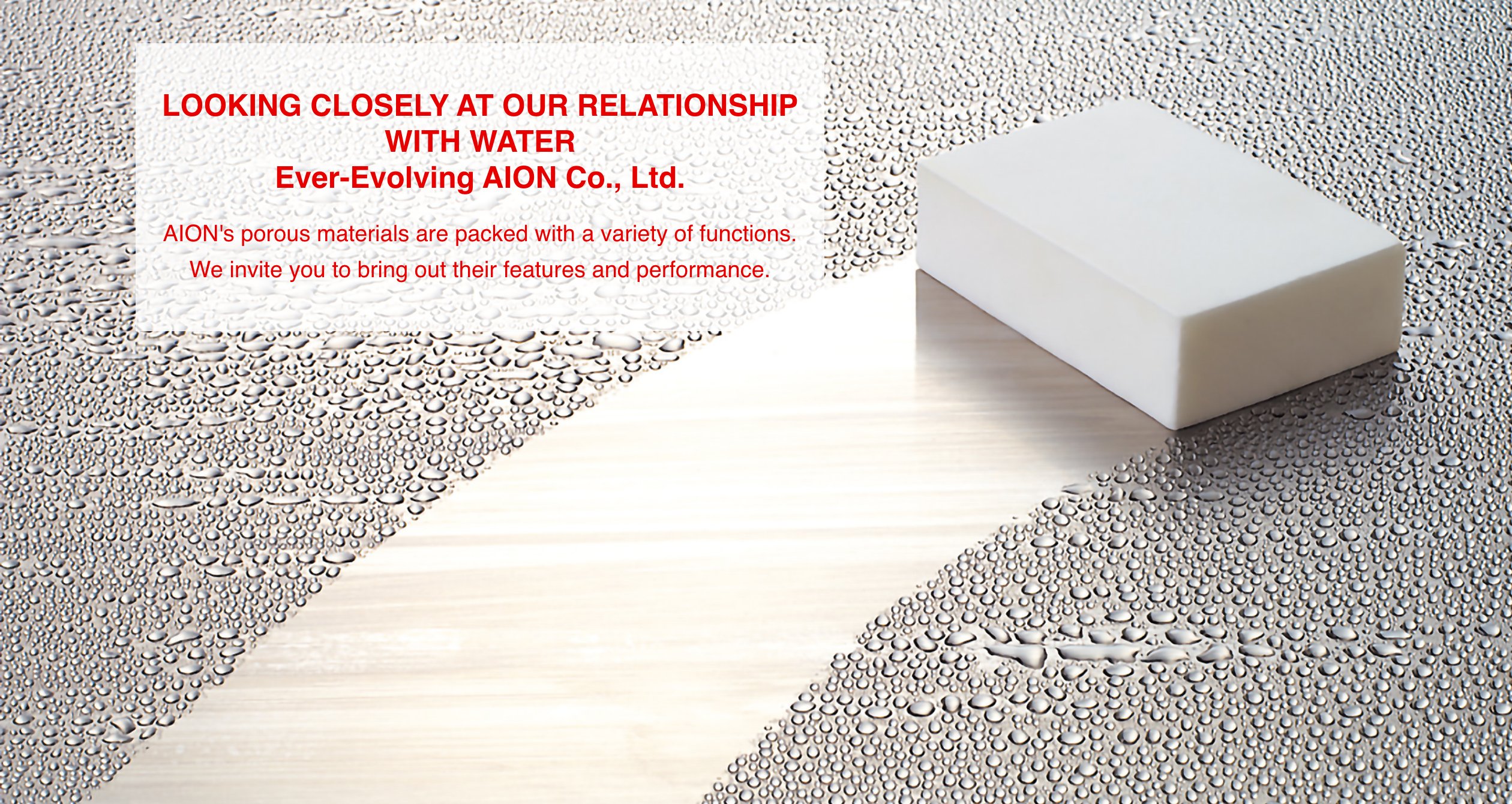 LOOKING CLOSELY AT OUR RELATIONSHIP WITH WATER Ever-Evolving AION Co., Ltd. AION's porous materials are packed with a variety of functions. We invite you to bring out their features and performance.