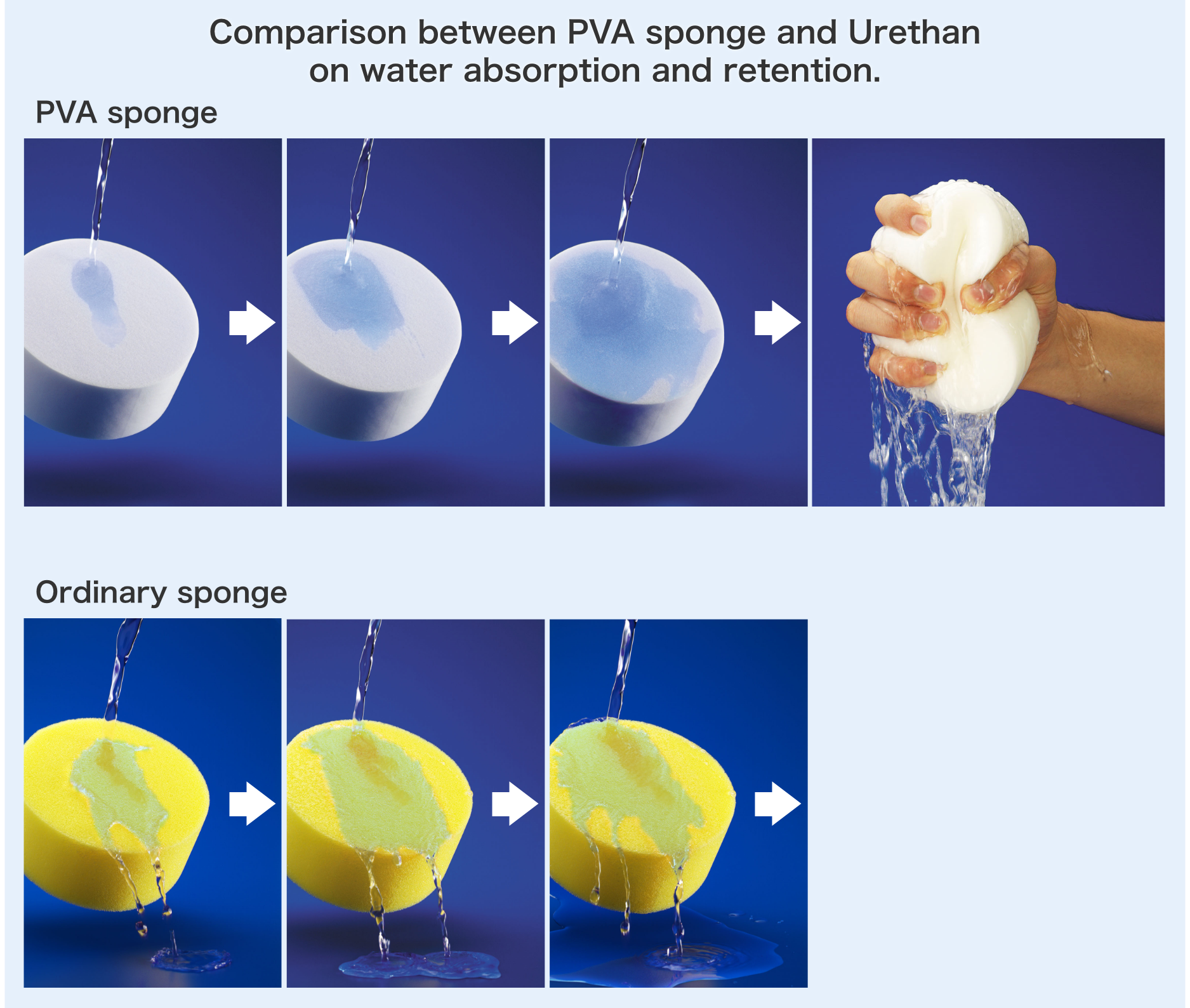 Comparison of water absorbing and water retaining properties between PVA sponge and common sponge.