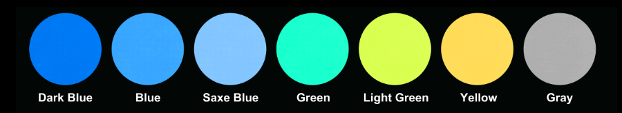 Dark Blue Blue Saxe Blue Green Light Green Yellow F.Yellow