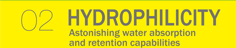 02 HYDROPHILICITY  Astonishing water absorption and retention capabilities